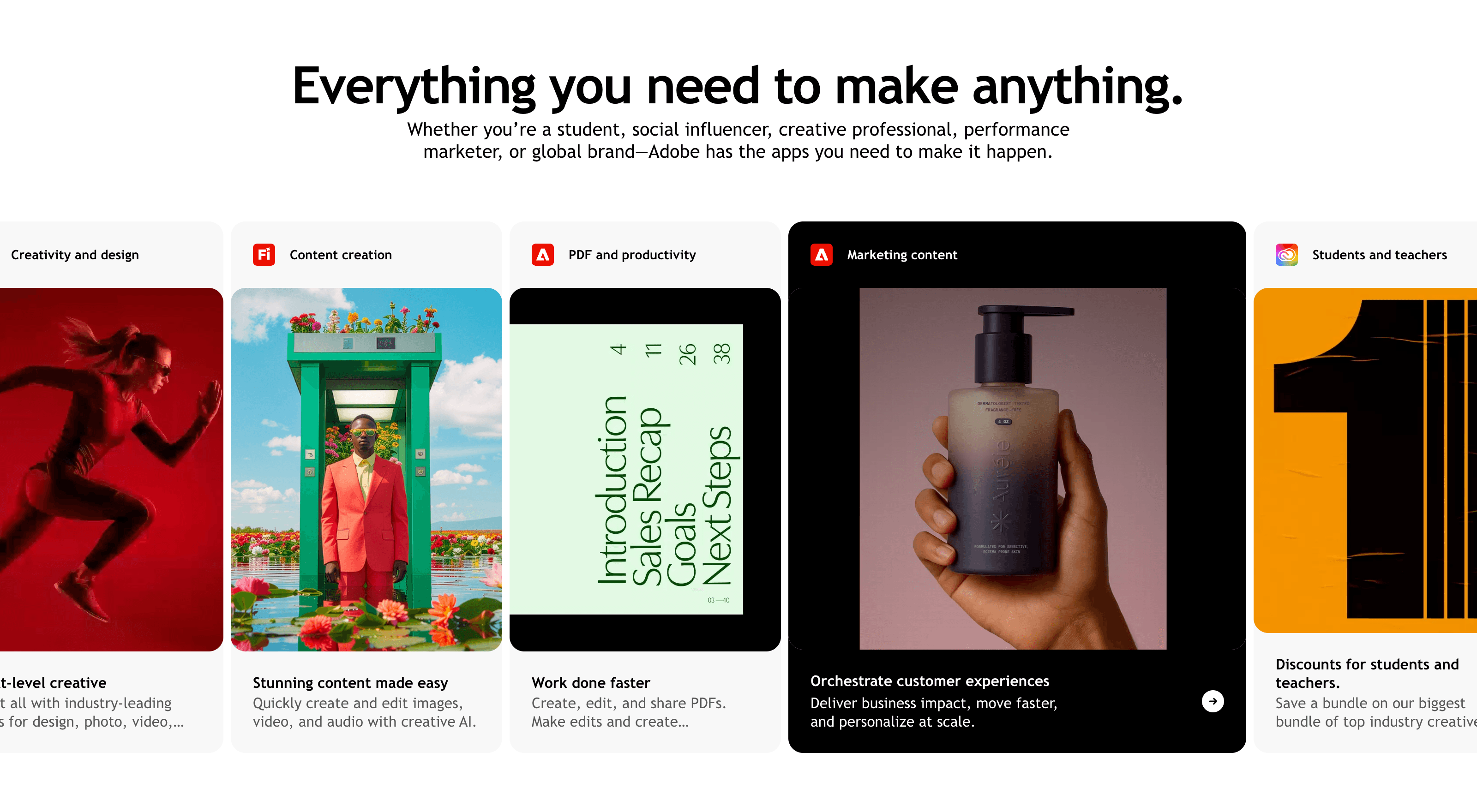 The HubRouter section from Adobe's S2A design system — a row of category cards for creativity, content creation, PDF, marketing, and education.
