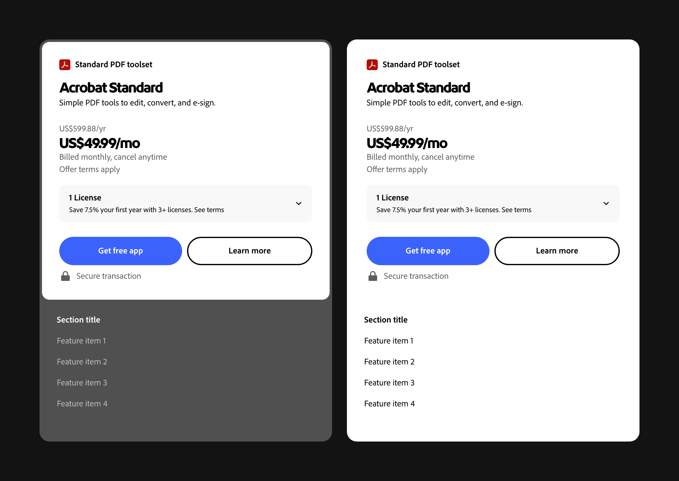 Two identical MerchCards for Acrobat Standard side by side on a dark canvas, their lower sections resolving to different surface tokens.