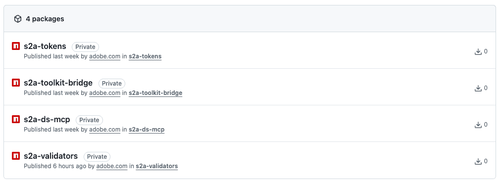 GitHub Packages listing four private packages published by adobe.com: s2a-tokens, s2a-toolkit-bridge, s2a-ds-mcp, and s2a-validators.