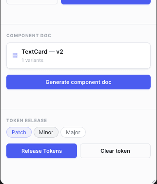 The S2A Toolkit tools panel: a component doc generator above a token release section offering patch, minor, or major, with Release Tokens and Clear token buttons.