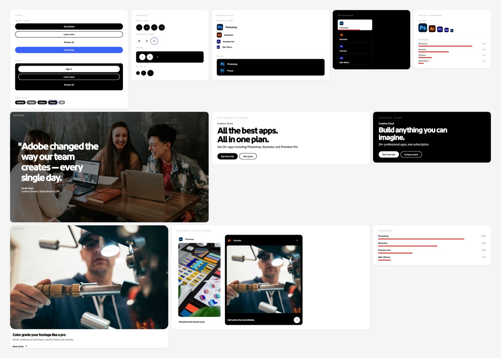 Component mosaic from Adobe's S2A design system — Buttons, ProductLockup, ElasticCard, QuoteCard, MediaCard, NavCard arranged on a light surface.