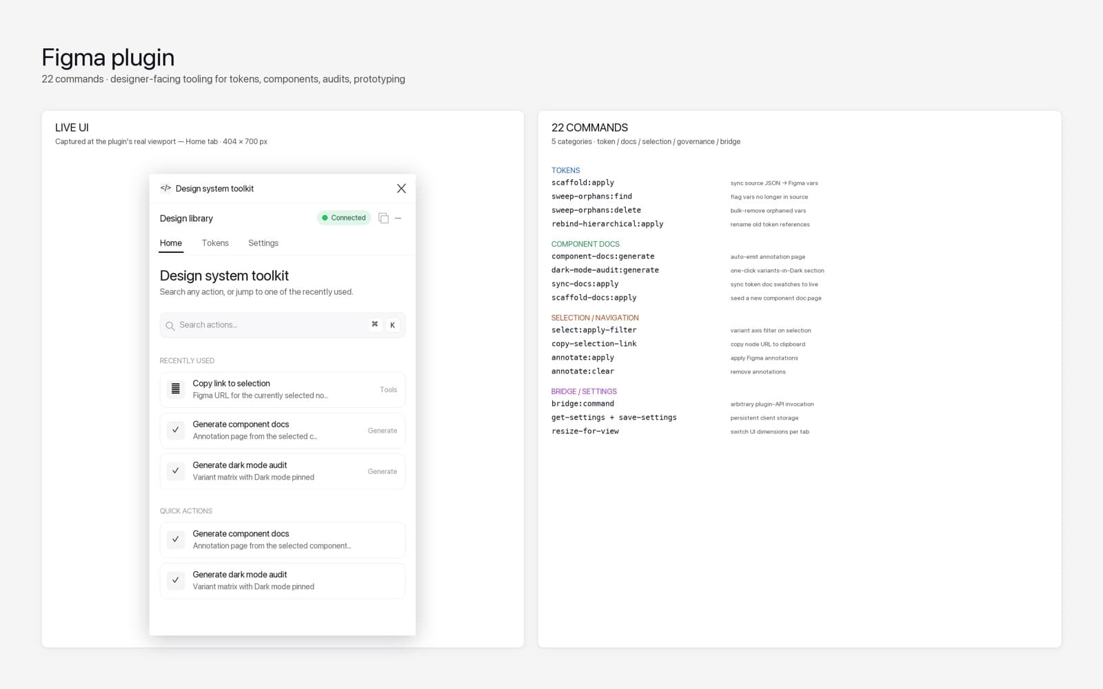 Figma toolkit plugin — token scaffold, annotation generator, dark-mode audit, variant filter, sweep-orphans, rebind-hierarchical, copy-selection-link, and settings, on the standard canvas.