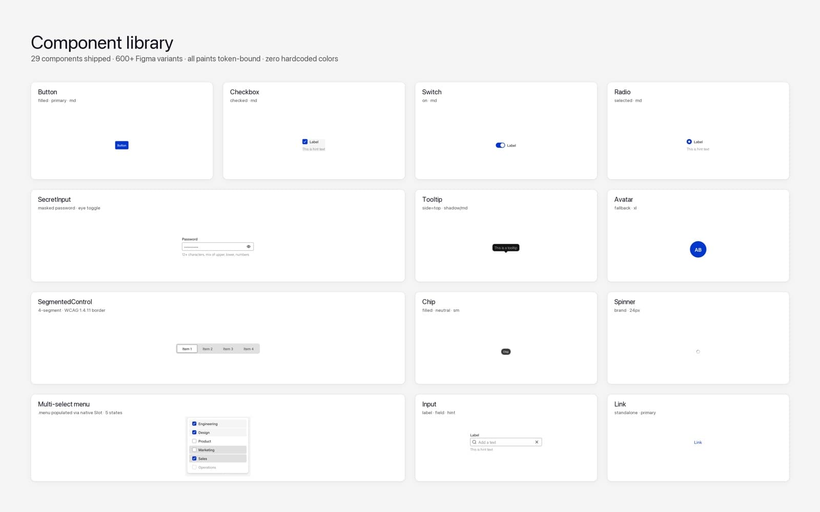 Component grid from the cybersecurity platform — SegmentedControl, SecretInput, Avatar, MultiSelect menu, Tooltip, Chip, and other interactive atoms.