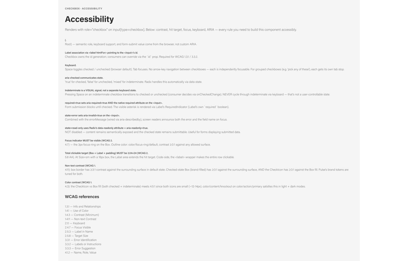 An in-file accessibility specification for the checkbox — roles and ARIA states, label association, keyboard interaction, focus and hit-target requirements, and the WCAG success criteria it maps to.