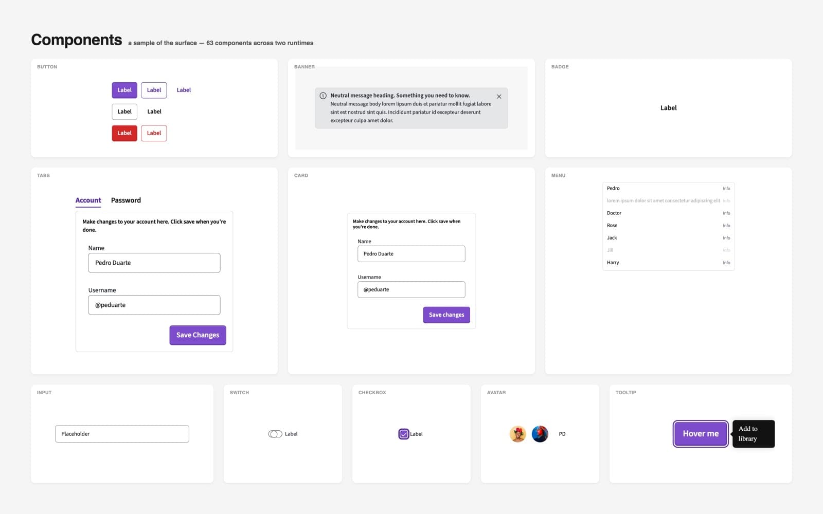 Component sample grid — button variants, banner, badge, tabs, card, menu, input, switch, checkbox, avatar, and tooltip rendered from the live library.