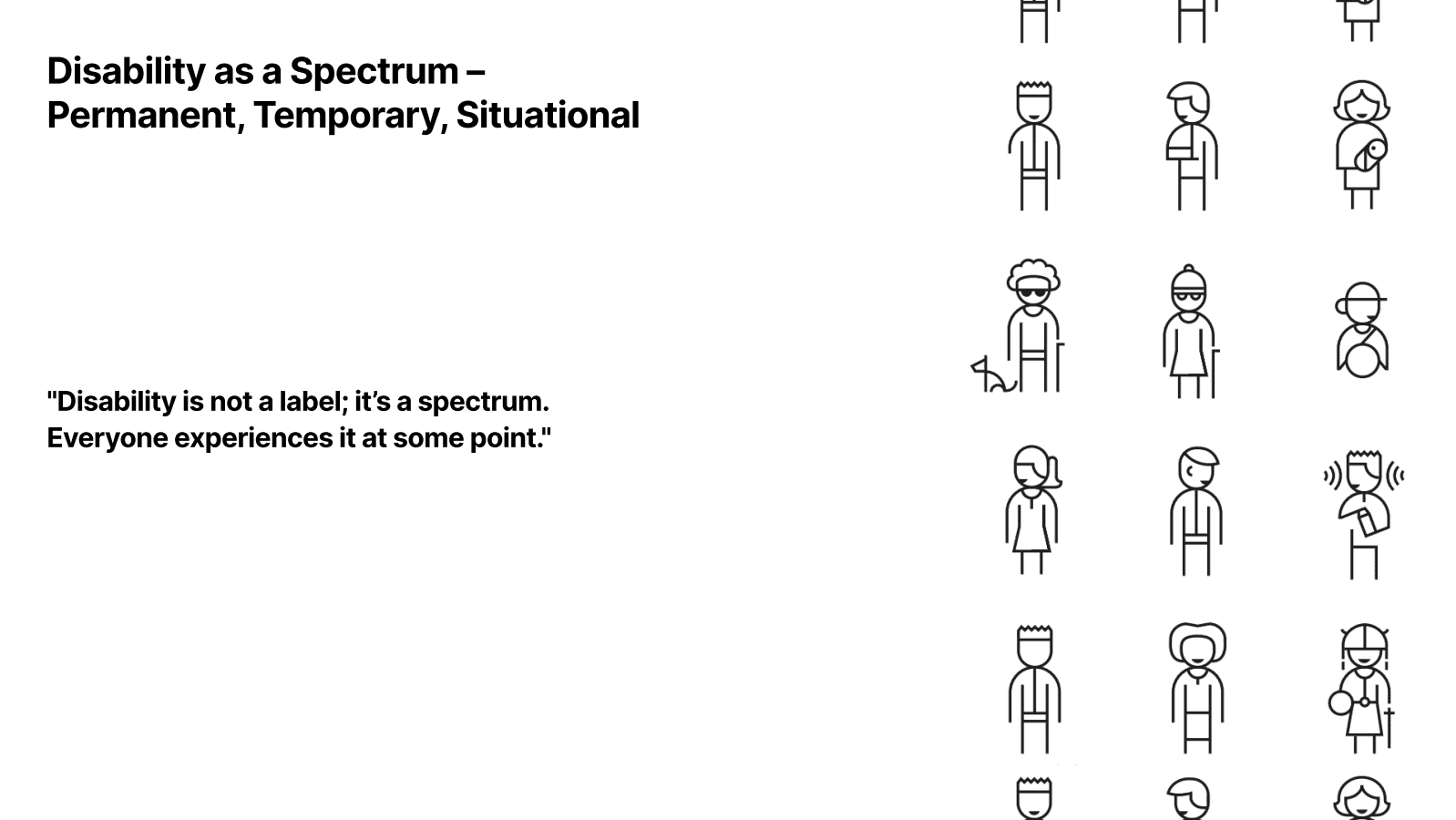 Slide illustrating disability as a spectrum with three categories: permanent (e.g., one arm), temporary (e.g., arm injury), and situational (e.g., carrying a child). Emphasizes that everyone experiences disability at some point, framing accessibility as universally relevant.
