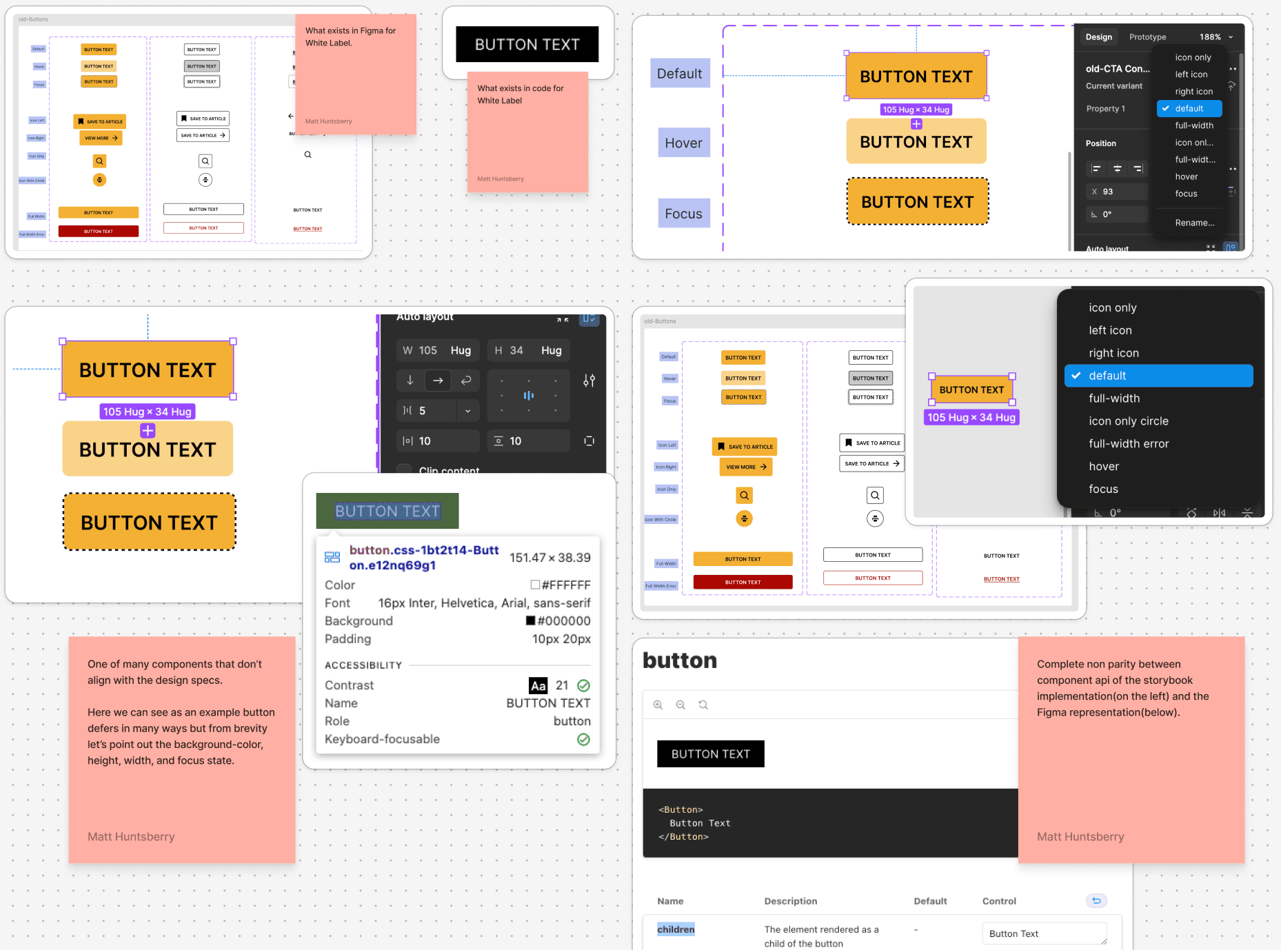 Design audit showing misalignment between Figma and code for button components, including inconsistent states, missing focus styles, and mismatched prop definitions with callouts noting accessibility and variant issues.