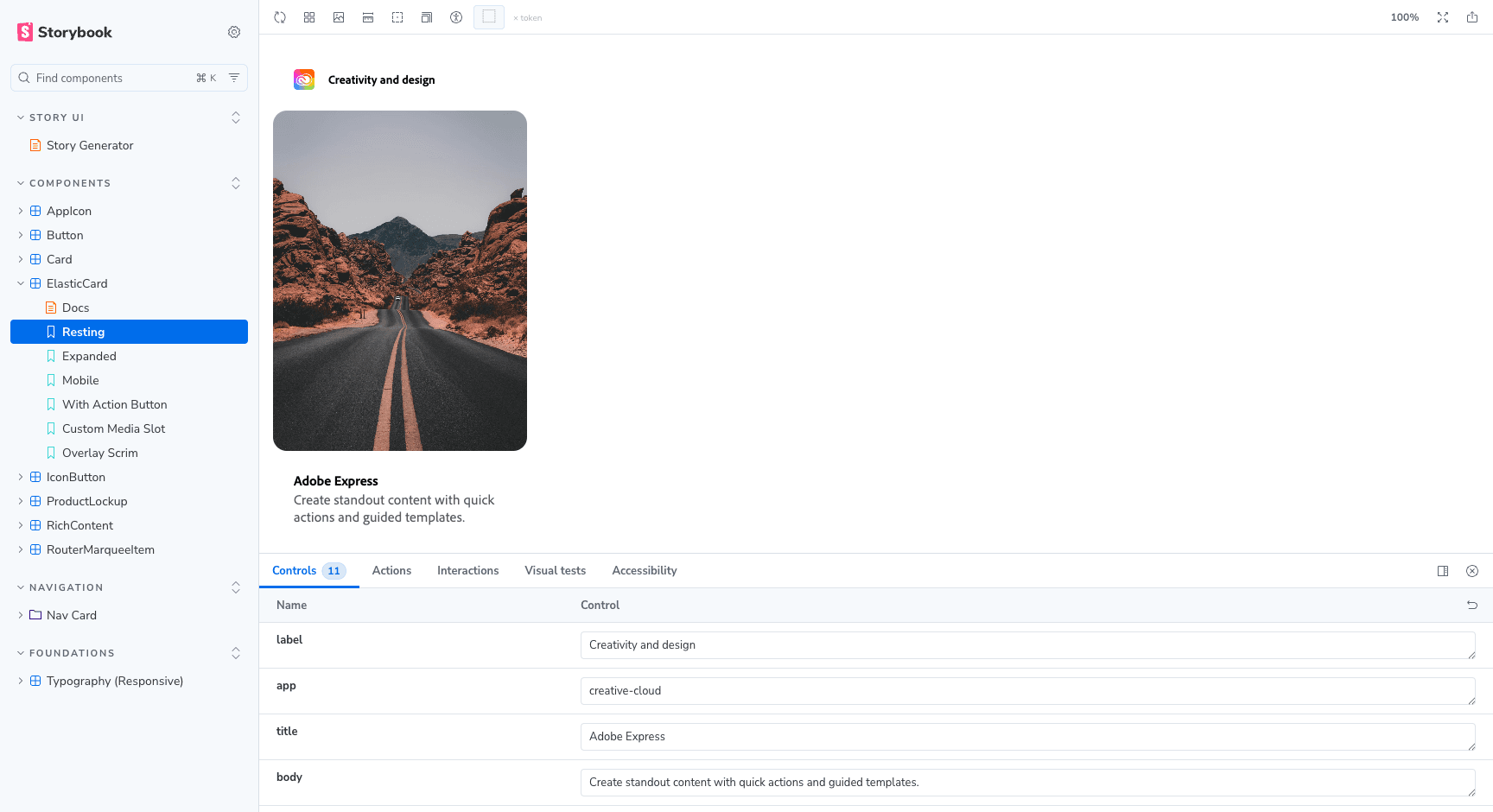Storybook showing the S2A ElasticCard component in its resting state, with component variants listed in the sidebar and editable controls for label, app, title, and body content.